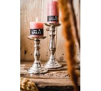 Lot de 2 bougeoirs en aluminium argenté - Décoration moderne pour bougies pilier - Décoration de table de mariage - Décoration de salon - Hauteur : 18,5 cm / 24 cm