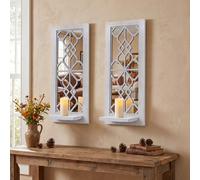 Lot de 2 bougeoirs muraux en Bois - Support Mural Rustique - Décoration Murale à Suspendre - Cadre en Bois sculpté - Miroir (Blanc Vieilli)