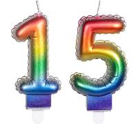 Lot de 2 bougies numérotées - Numéro 15 - Couleurs arc-en-ciel - Avec pied enfichable - Dimensions : 9 x 5,5 cm - Décoration pour anniversaire