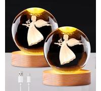 Lot de 2 boules de cristal 3D - Système solaire 3D - Boule de cristal avec LED - Cadeau ange gardien - Boule de cristal LED - 6 cm - Avec base en bois - Pour Thanksgiving, Saint-Valentin, anniversaire