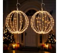 Lot de 2 boules de Noël à suspendre à piles avec minuteur 30 cm | 144 LED Blanc chaud 8 modes Minuterie Boule lumineuse pliable pour décoration intérieure et extérieure de fête de balcon