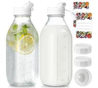 Lot de 2 bouteilles à lait en verre avec 2 bouchons distributeurs, couvercle à vis ultra-résistant et hermétique. Convient.