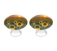 Lot de 2 boutons de tiroir ronds en acier inoxydable pour armoire de salle de bain Motif coucher de soleil d'un champ de tournesol