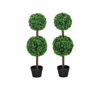 HOMCOM Buis artificiel Lot de 2 double boules en plastique avec tronc et pot hauteur 90 cm Vert