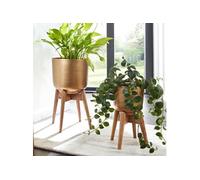 Lot de 2 cache-pot ronds 31 et 25 cm en aluminium doré et manguier