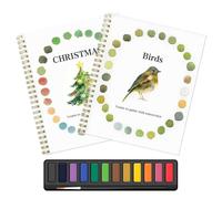 Lot de 2 cahiers d'aquarelle pour adultes, livre d'aquarelle pour débutants, 12 couleurs de peinture à l'aquarelle avec pinceau, scènes de nature pour cadeaux de Noël et de Nouvel An (oiseau + sapin