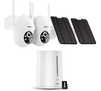 Lot de 2 caméras de surveillance solaires WiFi FOSSENXE 4MP pour l'extérieur, comprenant une station de base, une rotation panoramique à 360°, une protection contre les intempéries (IP66) et une détec