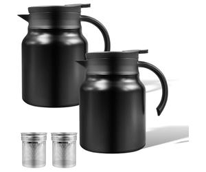 Lot de 2 carafes isothermes 1 L en inox 316, double paroi, infuseur à thé | Deux pichets noirs avec bouton-poussoir, large ouverture et base antidérapante; pour café, thé, eau, bureau et maison