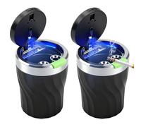 Lot de 2 cendriers de voiture avec bouton d'ouverture lumineux, cendrier portable avec couvercle anti-odeurs, lumière LED automatique, scellé, ignifuge, résistant aux hautes températures, amovible