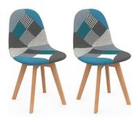 IDMarket - Lot de 2 chaises scandinaves SARA Motifs patchworks Bleus