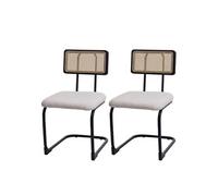 Lot de 2 chaises à piétement luge HWC-K88, chaise à dossier, bois rotin métal bouclé tissu/textile blanc