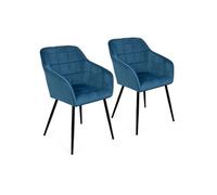 IDMarket – Lot de 2 chaises de salle à manger Mady – Velours bleu canard avec accoudoirs