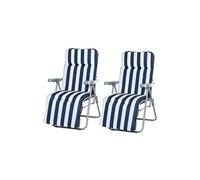 Lot de 2 chaise longue bain de soleil adjustable pliable transat lit de jardin en acier bleu + blanc