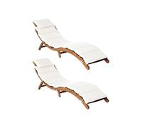 vidaXL Bains de soleil 2 pièces avec coussins – Bois massif Acacia, blanc crème