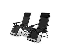 VOUNOT® Lot de 2 Chaise longue inclinable avec table pliable en Textilène avec support de gobelet - charge Max 120kg - Noir