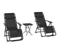Outsunny Lot de 2 Chaise Longue Jardin Gravité Zéro Table d'Appoint Noir | Ensemble Transat 3 Pièces, Porte-Gobelets, Bain de Soleil Pliable, Dossier Réglable, Appui-Tête, Terrasse Piscine