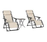 Outsunny Lot de 2 Chaise Longue Jardin Gravité Zéro Table d'Appoint Beige | Ensemble Transat 3 Pièces, Porte-Gobelets, Bain de Soleil Pliable, Dossier Réglable, Appui-Tête, Terrasse Piscine