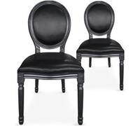 Menzzo Lot de 2 chaises médaillon Royale - Simili Cuir Noir & Bois Massif - Style Louis XVI Chic - Assise et Dossier capitonnés - L49 x P46 x H96 cm