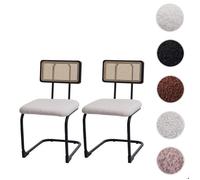 Lot de 2 chaises à piétement luge HWC-K88, chaise à dossier, bois rotin métal bouclé tissu/textile blanc