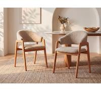 Lot de 2 chaises avec accoudoirs en tissu bouclette et bois d'hévéa - Taupe et naturel - SOLUNA