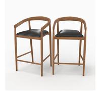 Lot de 2 chaises de bar 77 cm en teck vernis et assise en cuir noir - Bali - Maison Pavane