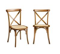 Lot de 2 chaises de bistrot en bois d'hévéa effet noyer. vintage. assise en rotin. empilables
