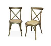 Lot de 2 chaises de bistrot en bois d'hévéa marron vieilli. vintage. assise en rotin. empilables