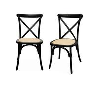 Lot de 2 chaises de bistrot en bois d'hévéa noir. vintage. assise en rotin. empilables