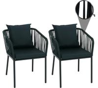 Lot de 2 chaises de jardin HWC-N41, accoudoirs d'extérieur, résistantes aux intempéries, tressage en corde d'aluminium ~ vert foncé, coussins vert foncé