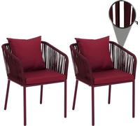 Lot de 2 chaises de jardin HWC-N41, accoudoirs d'extérieur, résistantes aux intempéries, tressage en corde d'aluminium ~ bordeaux, coussins bordeaux