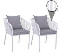 Lot de 2 chaises de jardin HWC-N41, accoudoirs d'extérieur, résistantes aux intempéries, tressage en corde d'aluminium ~ gris clair, coussins gris clair