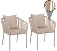 Lot de 2 chaises de jardin HWC-N41, accoudoirs d'extérieur, résistantes aux intempéries, tressage en corde d'aluminium ~ crème, coussins crème