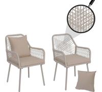 Lot de 2 chaises de jardin HWC-O12, coussins d'assise/de dossier d'extérieur, tressage en corde d'aluminium ~ crème, revêtement crème