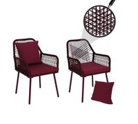Lot de 2 chaises de jardin HWC-O12, coussins d'assise/de dossier d'extérieur, tressage en corde d'aluminium ~ bordeaux, revêtement bordeaux