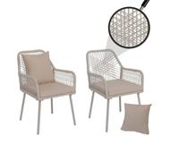 Lot de 2 chaises de jardin HWC-O12, coussins d'assise/de dossier d'extérieur, tressage en corde d'aluminium ~ crème, revêtement crème
