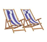 Lot de 2 chaises de plage pliantes bleues et blanches avec cadre en bois d'eucalyptus, 3 positions, coussins et accoudoirs, robustes de 110 kg.