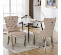 Lot de 2 chaises de salle à manger beiges, chaises rembourrées de luxe en velours avec pommeau et clous décoratifs, chaises de restaurant à pieds métalliques, chaises de salle à manger