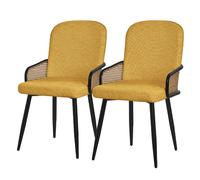 ML-Design Lot de 2 Chaises de Salle à Manger en Tissu Moutarde, Accoudoirs en Rotin et Pieds en Métal Noir, Assise Rembourrée Confortable, Fauteuils Ergonomiques de Cuisine ou Salon, Style Scandinave