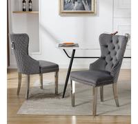 Lot de 2 chaises de salle à manger grises : chaises rembourrées luxueuses en velours, ornées d'un heurtoir et de clous décoratifs ; chaises de restaurant à pieds métalliques ; chaises de salle à mange
