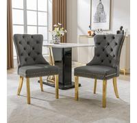 Lot de 2 chaises de salle à manger grises, chaises rembourrées modernes en velours avec anneaux ronds et clous décoratifs, chaises de cuisine élégantes avec pieds en acier inoxydable doré