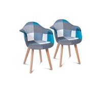IDMarket Lot de 2 fauteuils SARA scandinaves motifs patchwork bleus
