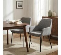 Lot de 2 Chaises de Salle à Manger TURSI en Tissu Gris avec Accoudoirs, Assise Rembourrée et Dossier Enveloppant, Pieds en Métal, Idéales pour Salle à Manger ou Cuisine