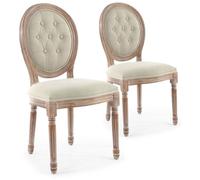 Menzzo Lot de 2 chaises Style médaillon Louis XVI - Tissu Beige capitonné & Bois patiné - Design Classique Chic - Chaises Salle à Manger élégantes - L49 x P46 x H96 cm