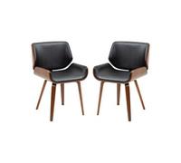 Lot de 2 chaises design vintage piètement châssis bois peuplier aspect noyer revêtement mixte synthétique tissu noir