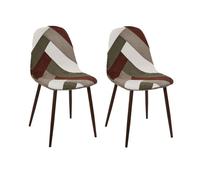 Lot de 2 Chaises en Velours Côtelé Patchwork Vintage - Vert + Terracotta + Blanc + Taupe - Piètement en Métal Couleur Noyer