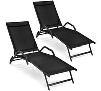 Lot de 2 chaises longues COSTWAY, chaises longues de jardin avec dossier réglable en 5 positions, supportant jusqu'à 160 kg, dimensions : 184,5 x 62 x 71 cm, noir