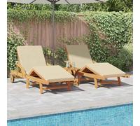 Lot de 2 chaises longues en bois massif d'acacia beige avec dossier | Résistant aux intempéries, durable, dossier à plusieurs niveaux, repose-pieds réglables, rembourrage inclus