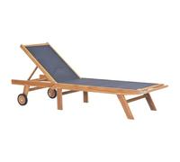 Lot de 2 chaises longues pliantes avec roulettes en teck massif et | Dossier 5 positions, tissu textilène résistant, pliable avec poignée, bois de teck vieilli, usage extérieur jardin