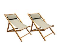 Lot de 2 chaises longues pliantes / Chiliennes / Transats de jardin en bois de teck massif huilé dossier réglable 3 niveaux avec toile vert/gris - Extérieur naturel patio terrasse balcon - ANCOLIE