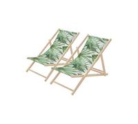 ECD Germany Lot de 2 Chaises Longues Pliantes en Bois Chiliennes, Motif Palmier, Vert-Blanc, Dossier Réglable, 3 Positions de Couchage, jusqu'à 120 kg, Bain de Soleil en Tissu, Plage ou Jardin